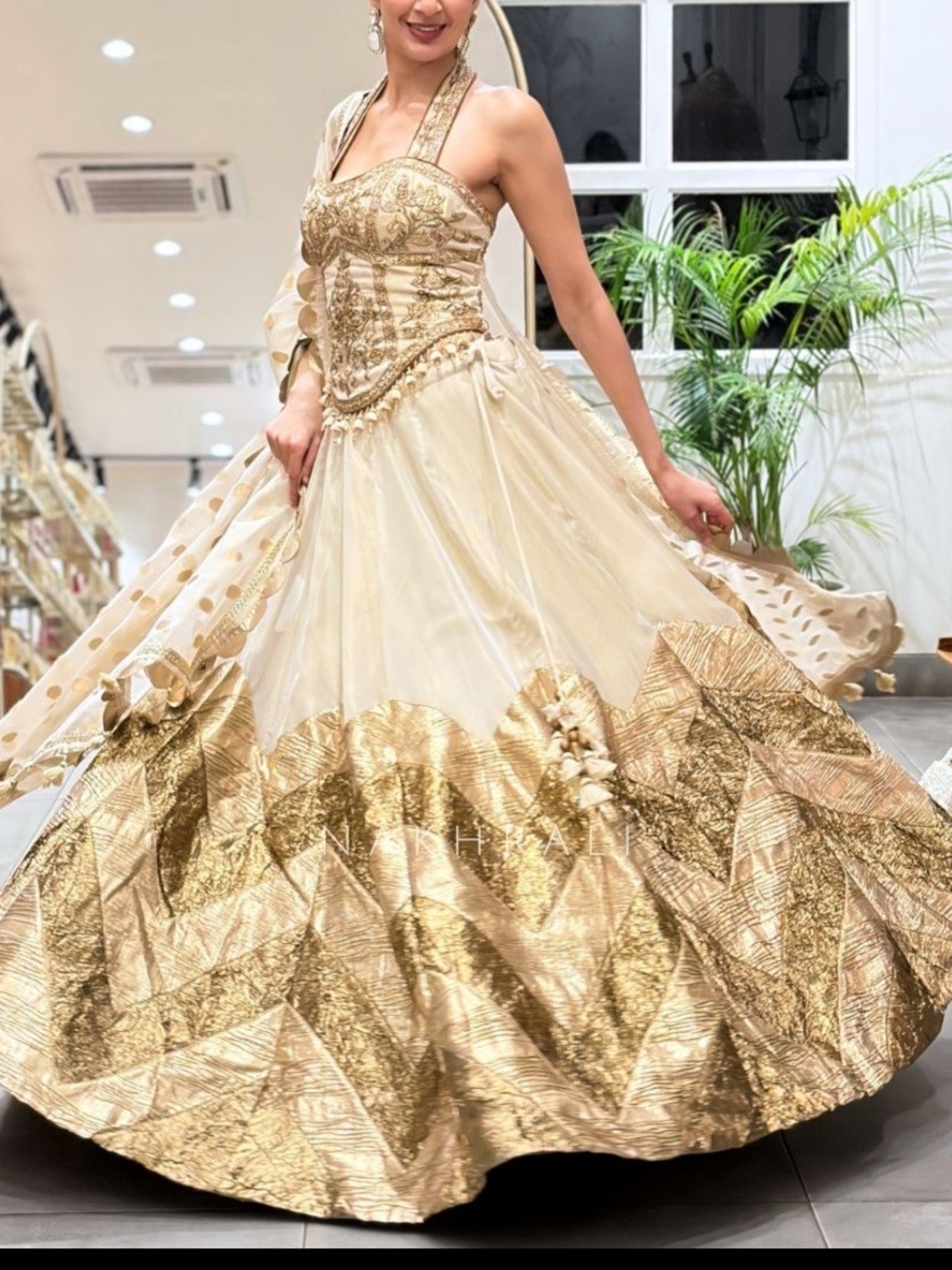 Elegant Gold-Embellished Cream Halter Ball Gown Dress